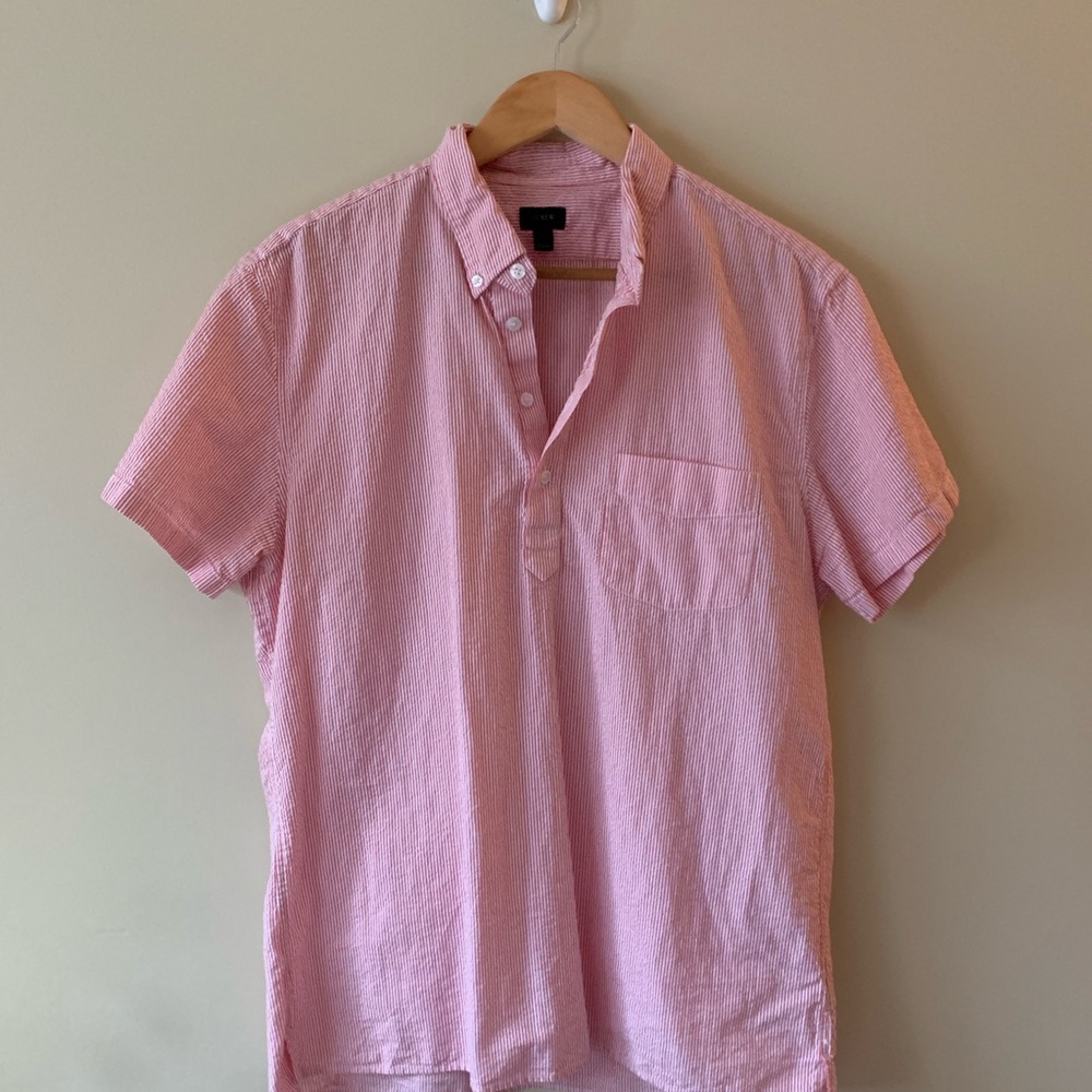 J Crew short sleeve shirt striped pink white Large